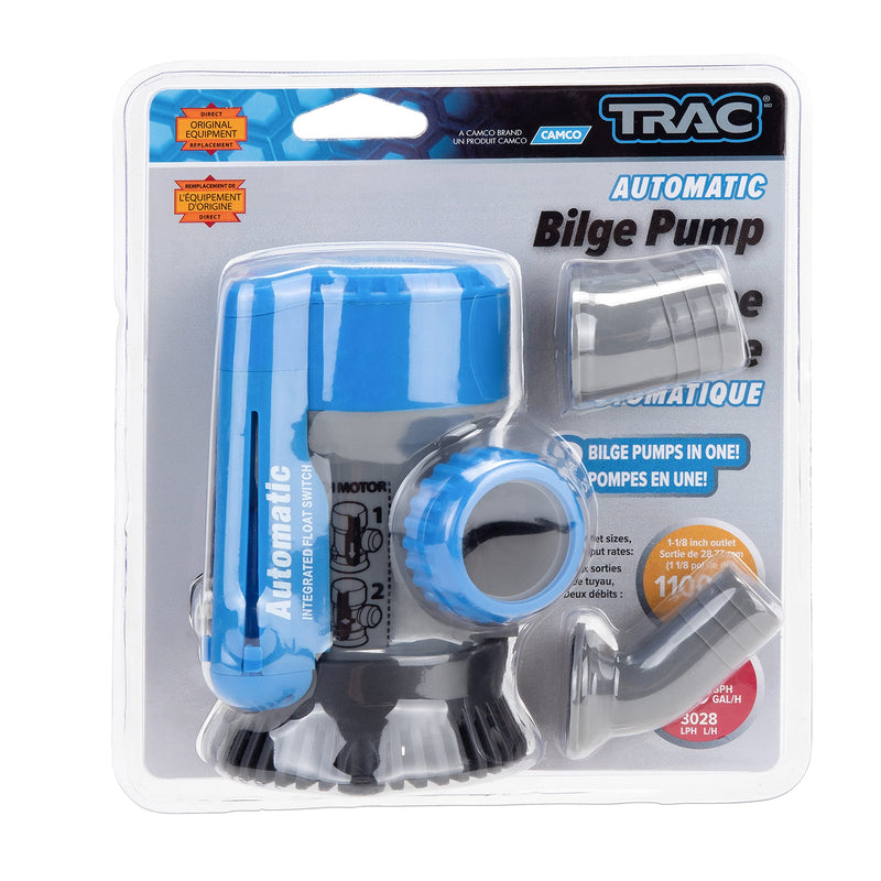 TRAC-Outdoor Products Automatic Bilge Pump, 800/1100 GPH, 3/4" & 1-1/8" Outlet - Designed for Easy Installation and Retrofitting - Ideal for All Watercraft (69311) (3004.7234)