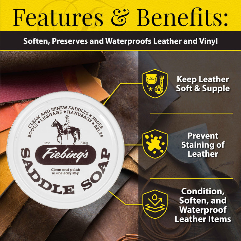 Fiebing's White Saddle Soap for Leather (12 oz Tin) - Cleaner & Conditioner to Soften, Protect & Restore Leathercraft - Soap for Car Seat, Couch, Shoe, Purse, Boot, Bag, & Saddles Unscented 12 Ounce (Pack of 1)