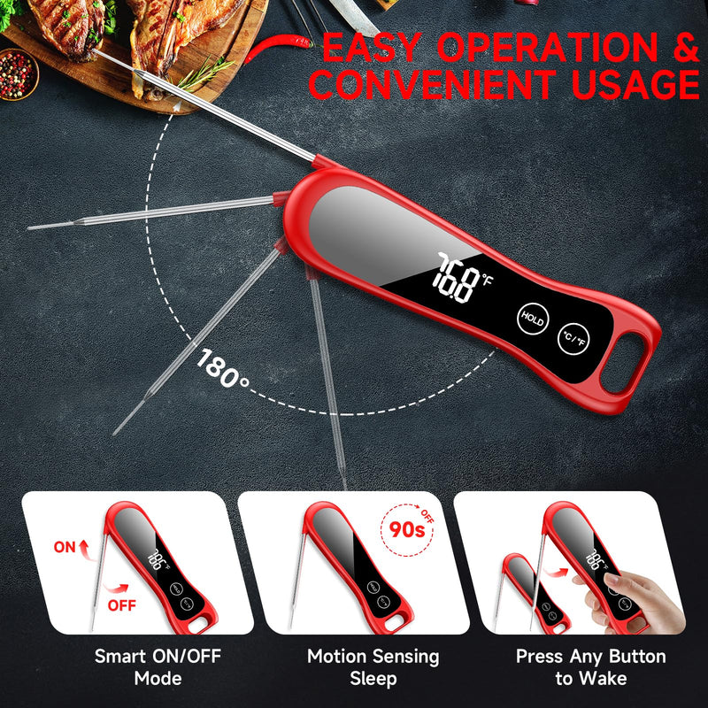2025 Upgraded Meat Thermometer Digital-1 Second Instant Read Food Thermometer with Large LED Display-IP67 Waterproof Kitchen Thermometer for Grilling and Cooking for Oven, BBQ, Smoker, Candy, Turkey Red