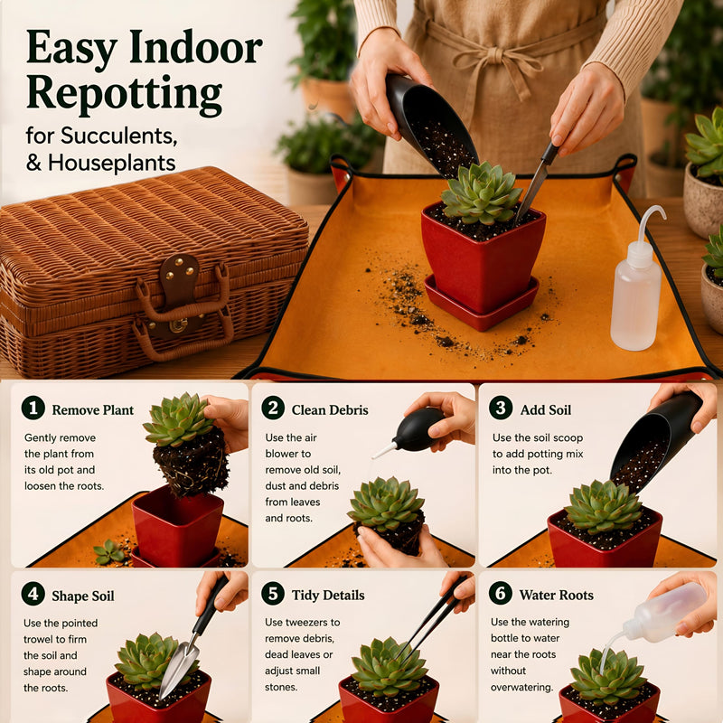 Repotting Mat and Planting Tools for Indoor Plants with Pruning Shears, Wicker Basket for Succulents and Houseplants, Plant Gift for Women and Men