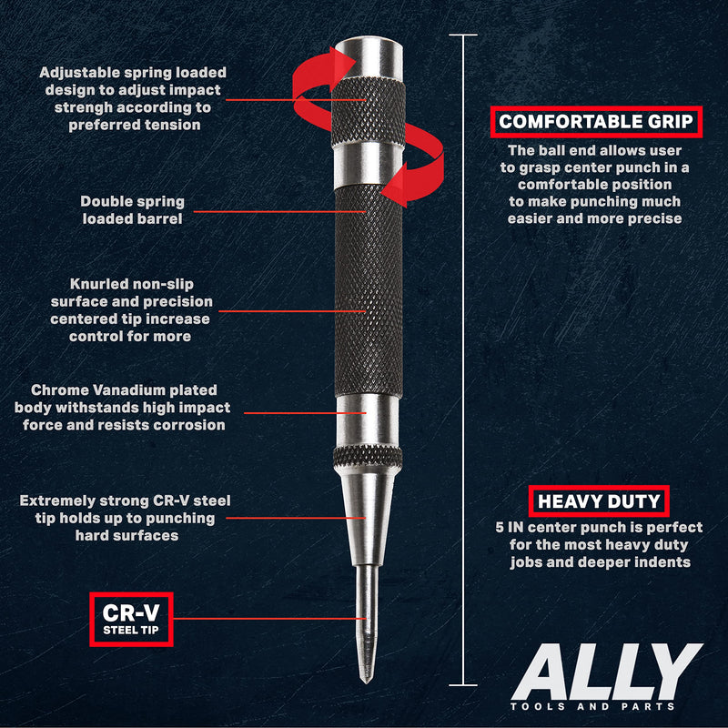ALLY Tools Heavy Duty Automatic Center Punch w/Hardened Steel – 2PC Premium Automatic Center Punch for Metal for Machinists and Carpenters w/Adjustable Knurled Cap, Spring Loaded and Hard-Shell Case