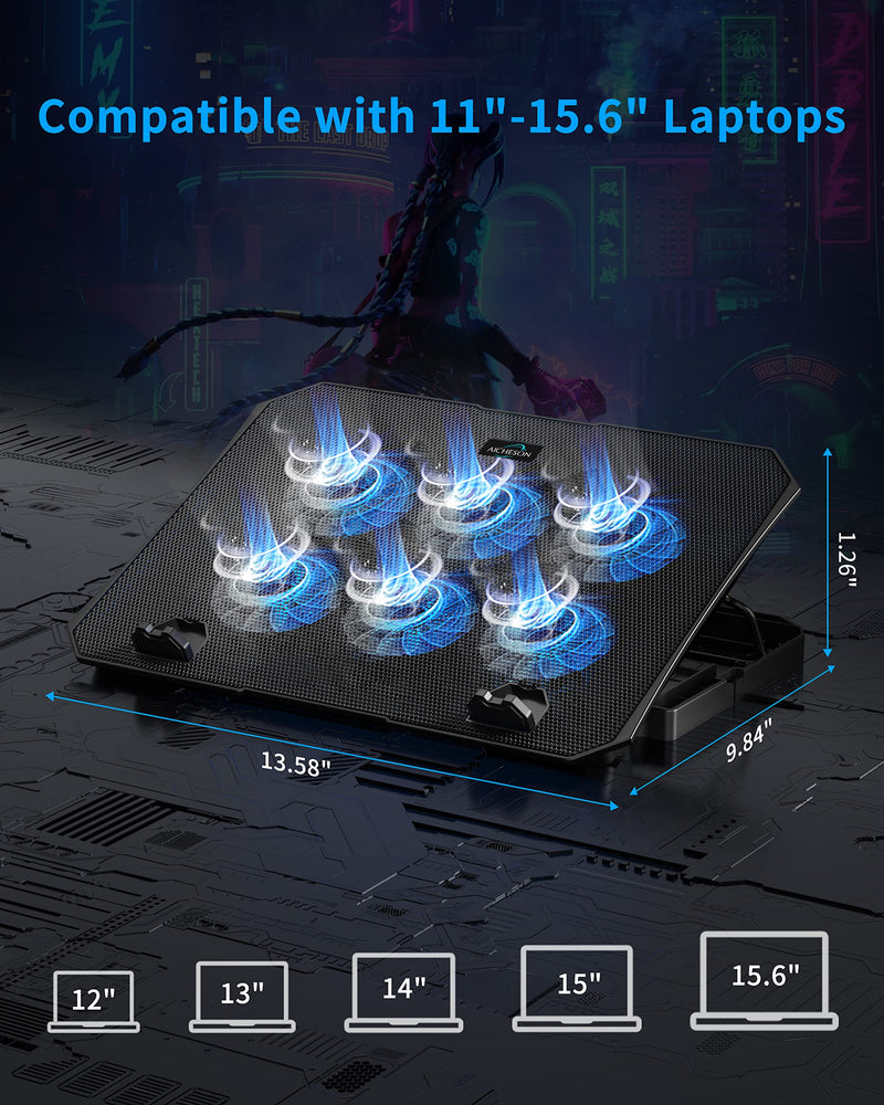 AICHESON Portable Laptop Cooling Pad with 6 Fans and 2 Pack 2ft USB A Cables Set