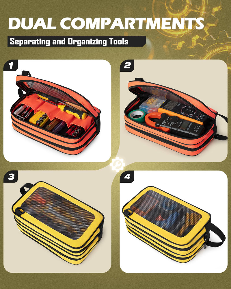 Marscamd 2 Pack Tool Pouch with Dual Compartments, 12” Tool Bag with Detachable Shoulder Strap, Carry Handle and Translucent Window, Orange-red/Yellow Orange-red and Yellow