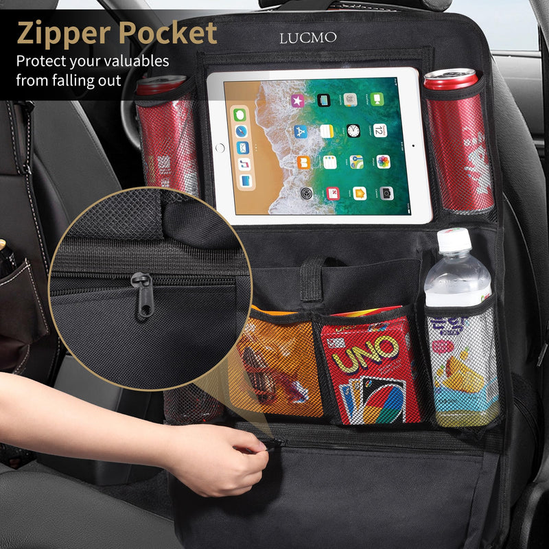 LUCMO Car Backseat Organizer with Touch Screen Tablet Holder-2 Pack,9 Storage Pockets Car Storage Organizer,Car Seat Back Protectors Kick Mats Travel Accessories for Kids-Black Black 2 Pack
