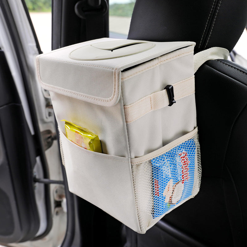 Car Garbage can with lid Leak Proof Vehicle Trash Can 3 Storage Pockets Hanging Waterproof car Trash Bag for SUV Beige