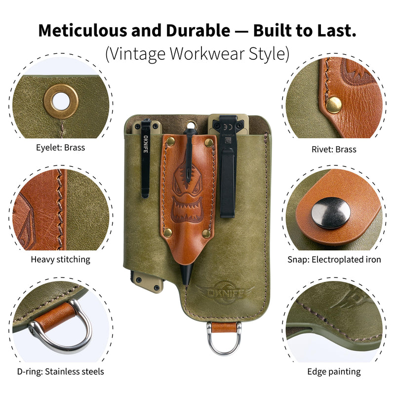 OKNIFE Osheath S1 3 in1 Leather Sheath for Flat Flashlight, Pocket Knife, Mini Pen, EDC Kit Belt Organizer for Belt with Horseshoe Buckle Keychain
