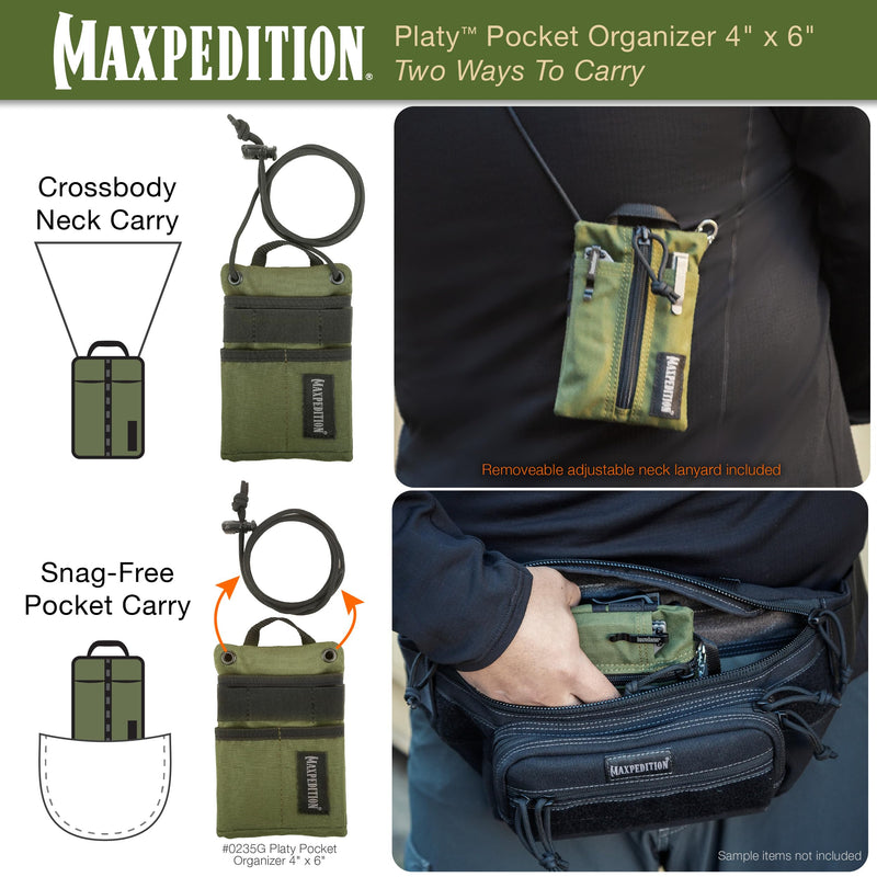 MAXPEDITION Platy Pocket Organizer, Durable EDC Tool Pouch for Men, Neck Wallet with Paracord Lanyard, Holds Flashlight, Multitool, Pen, Notebook (OD Green, 4" x 6")