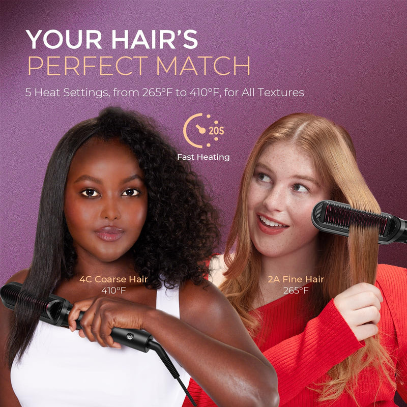 TYMO FLIPRO 2-in-1 Hair Straightener Brush & Flat Iron with 200M Negative Ions, Dual Voltage Anti-Scald Hot Comb, Frizz-Free Smooth & Shiny Hair, Less Heat Damage, Multi-Purpose Styler, Black