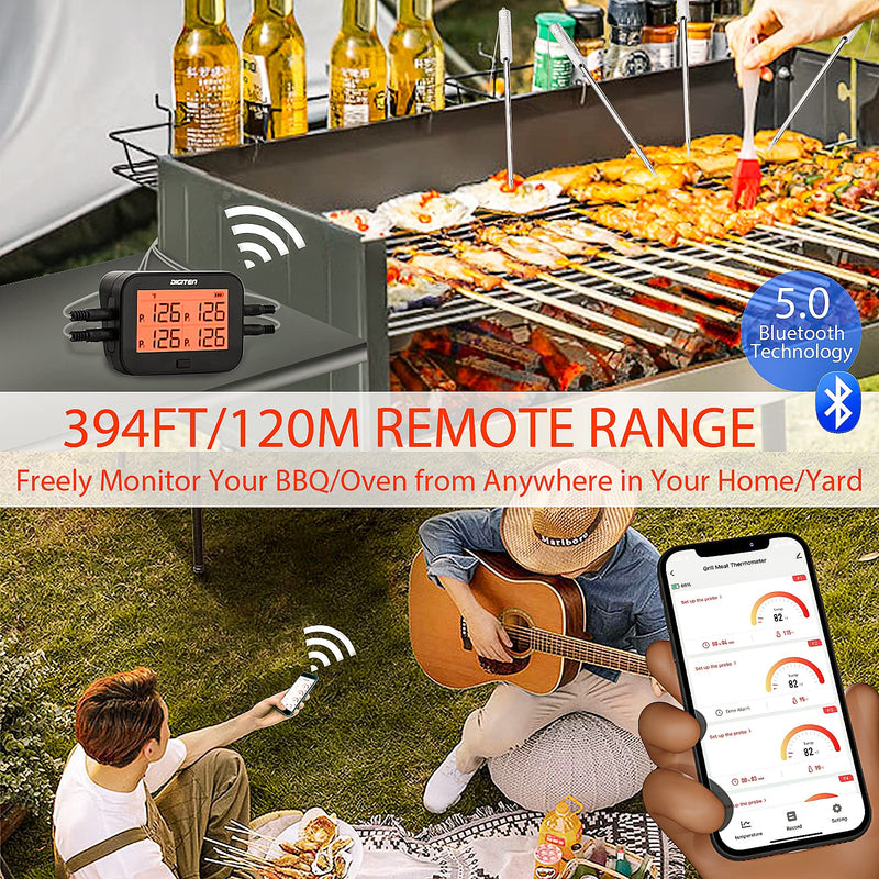 DIGITEN Bluetooth Grilling Thermometer Wireless Meat Thermometer with 4 Probes BBQ Thermometer Smoker Thermometer Instant Read Thermometer Smart Rechargeable Food Thermometer