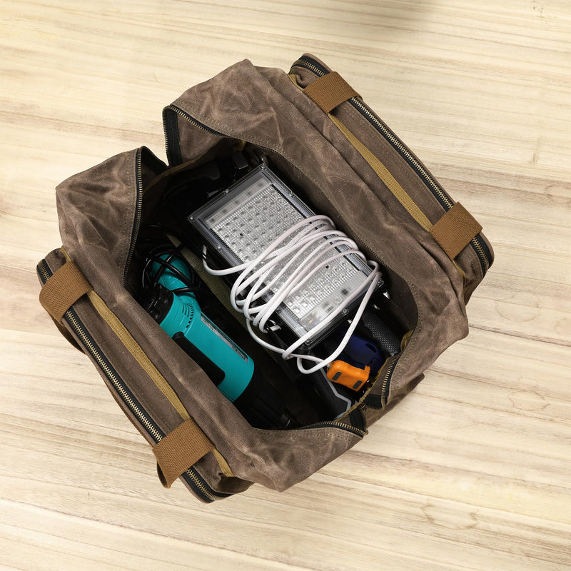 Kaaltisy 16oz Waxed Canvas Tool Bag – Robust Zipper Garden Tools Tote with 3 Compartments & Padded Handle (Grey) – Tool Organizer for Gardening Wire Cutters Goggles Grey