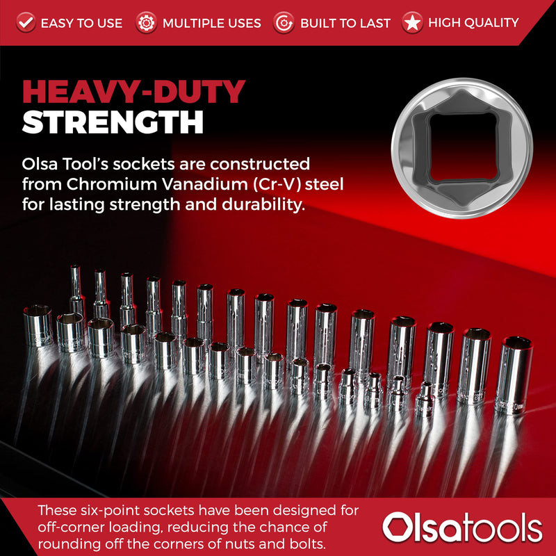 Olsa Tools Metric Shallow Socket Set - 3/8-Inch Drive, 15pc - 6-Point Chrome Sockets from 6mm–20mm and No Skipped Sizes - Mechanic Shallow Metric Socket Set - Professional Grade Sockets - Part: 1331 15pc, 3/8-Inch Drive