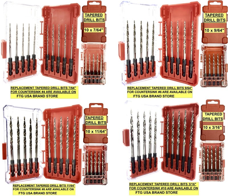 FTG USA 10 Pc #8 & #10 Countersink Drill Bit Set with Tapered Drill Bits | Includes 10 counter sink drill bit for wood, 5 pc #8 & 5 pc #10 sizes, 2 depth stop collar 3/8", 2 Allen key, storage case Same Sort 5 Pc