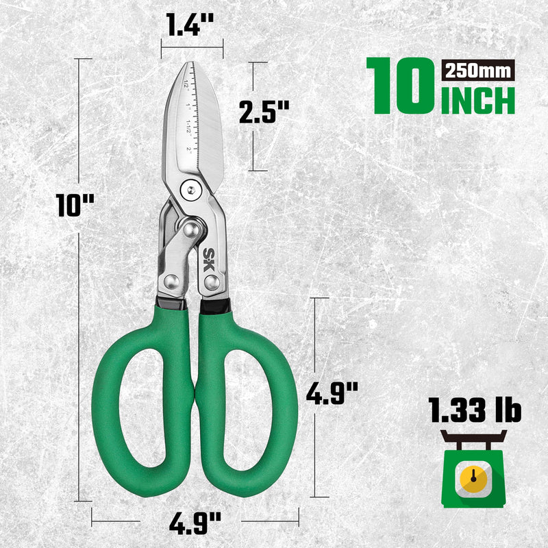 SK 10" Compound Action Tin Snips, Metal Shears with Forged Blade, Heavy Duty Metal Cutter Scissors, Ergonomic Handle for Comfortable Grip 10-Inch