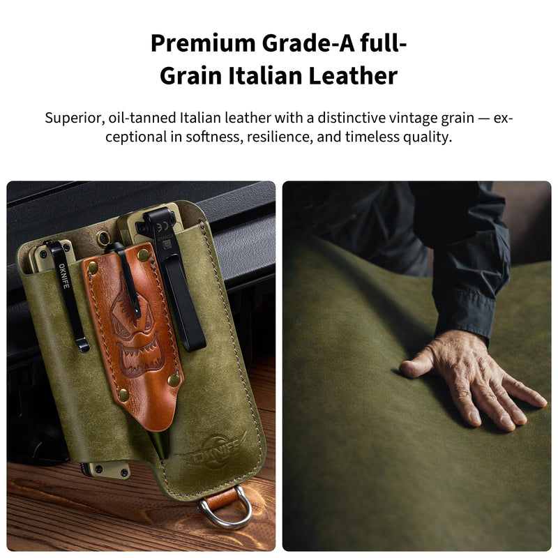 OKNIFE Osheath S1 3 in1 Leather Sheath for Flat Flashlight, Pocket Knife, Mini Pen, EDC Kit Belt Organizer for Belt with Horseshoe Buckle Keychain
