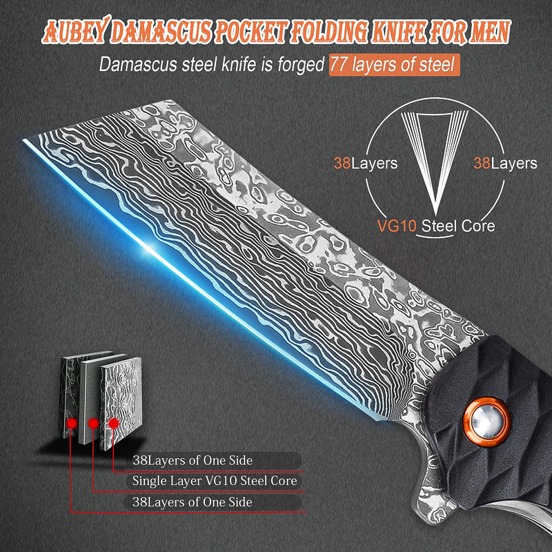 AUBEY Damascus Pocket Knife, 3.34" Damascus Steel Hollow Grind Blade, Folding Knife with Ball Bearing, Aluminum Handle, EDC Knife for Outdoor Camping Hunting A-Black Aluminum Handle