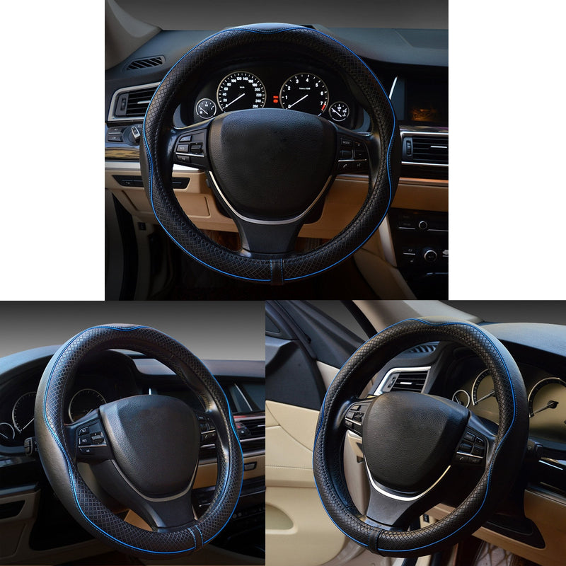 Car Steering Wheel Cover, Anti-Slip, Safety, Soft, Breathable, Heavy Duty, Thick, Full Surround, Sports Style (Black Blue) Black With Blue Line