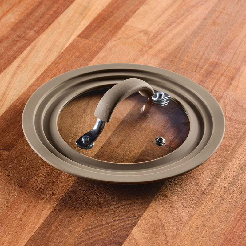 Rachael Ray Cook + Create Universal Silicone-Rimmed Glass Lid, 8.5-Inch, Taupe