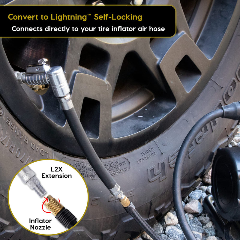 JACO Lightning L2X Quick-Connect Tire Inflator Air Chuck Extension (Locking Adapter) | Patented Lock-on Compressor Hose Attachment (Open Flow) 90 Degree Head