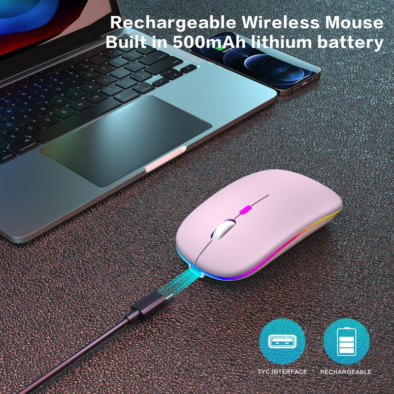 Wireless Bluetooth Mouse,LED Rechargeable Laptop Mouse.Portable Computer Mice use(BT5.2 and USB 2.4G) Dual Mode Connection,Silent,Slim,for Apple Laptop/ipad Tablet/Mac/PC. (Pink) Pink