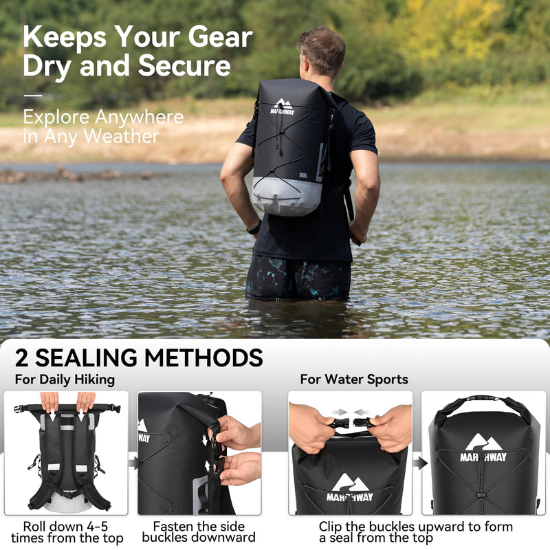 MARCHWAY Floating Roll Top Dry Bag, Flexible Lightweight TPU Waterproof Backpack 20L/30L/40L with Padded Straps for Boating, Kayaking, Swimming, Hiking, Beach (Black, 20L) Black