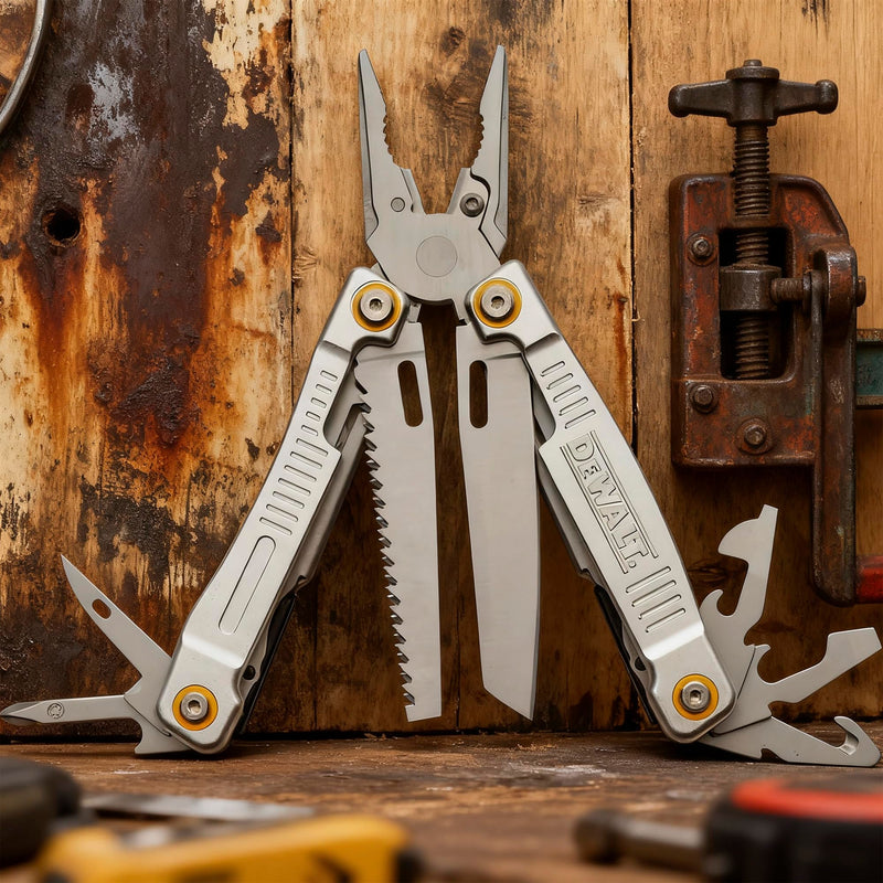 DEWALT 12-in-1 Multitool with Pliers, Knife, Saw, Screwdrivers, Bottle & Can Opener – Stainless Steel Folding Pocket Tool with Sheath & Belt Clip for Construction, Trades & Jobsite Use