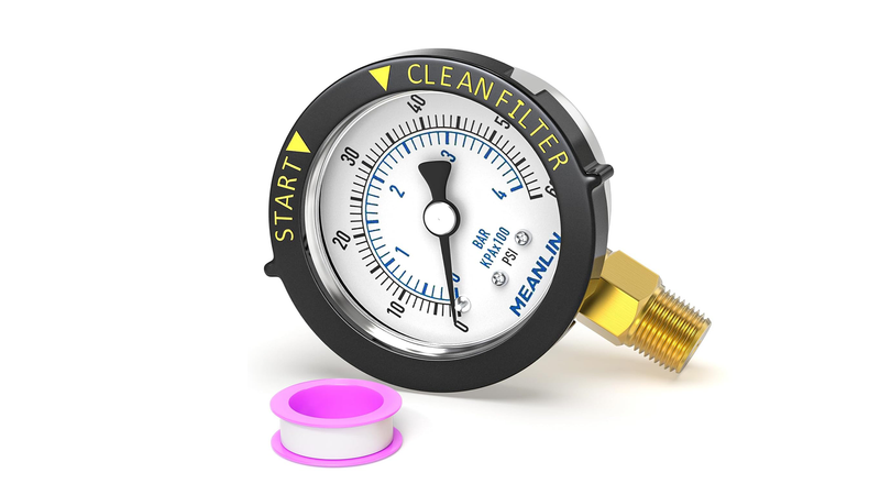 MEANLIN MEASURE 0~60Psi Stainless Steel Start and Clean Filter Pressure Gauge 1/4" NPT Waterproof for Pool Filter Pump Swimming Pool, Spa Lower Mount with Rotatable Plastic Frame and Hex Bushing With adapter