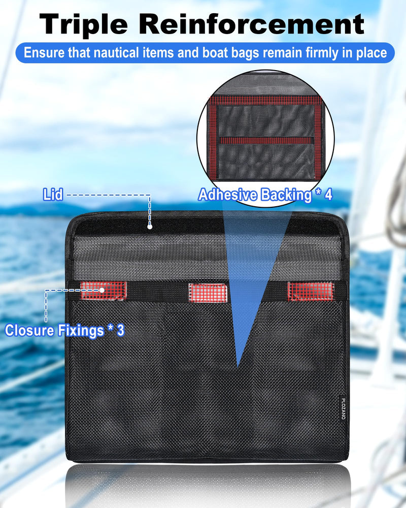 PLOZANO Closable Boat Storage Bag with Lid, Reflective Strong Adhesive PVC Boat Caddy Organizer Mesh Bag, Boat Storage Net for Gloves, Flashlight etc.13.4"x9.8"