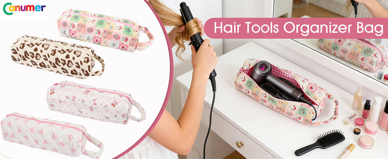 4pcs Hair Tools Travel Bag Soft Compact Case Compatible with Airwrap & Shark Flexstyle, Curling Iron & Flat Iron Storage Organizer, Portable Hair Accessories Bag Bow & Leopard & Cherry & Blue Flower 4