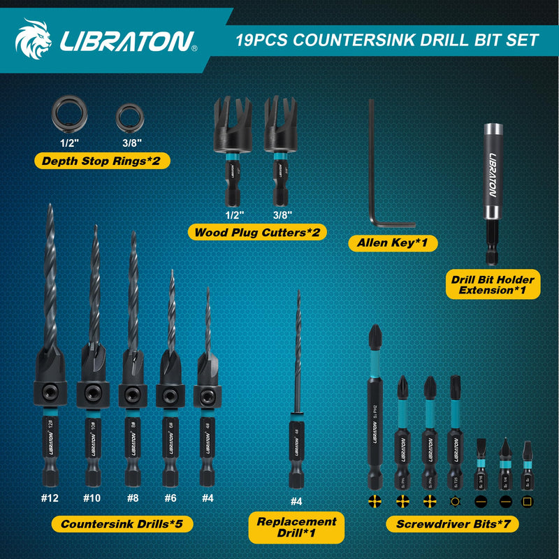 Libraton Countersink Drill Bit Set, 19 PCS Tapered Drill Bits for Woodworking, Counter Sink Drill Bit Wood Plug Cutter Extendable Bit Holder 1/4" Hex Shank Screwdriver Bits with Storage Case