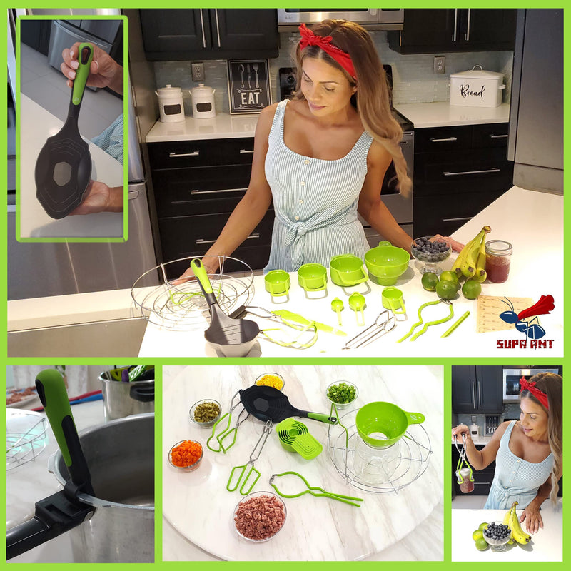 Supa Ant Canning Supplies - US Assembled Certified Food Grade Stainless Steel Canning Kit with XL Ladle, Wide Kitchen Funnel, Jar Lifter and Wrench, Bubble Popper/Measurer, Lid Lifter, Kitchen Tongs Stainless Steel with Green Coating Silver and Green