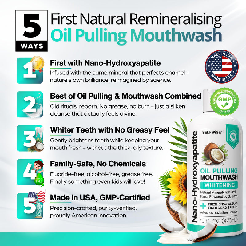 Nano-Hydroxyapatite Oil Pulling Whitening Mouthwash for Teeth and Gums, Natural & Organic, Whitens Teeth, Strengthens Enamel, Fights Bad Breath & Plaque – Smooth & Non-Greasy – for Adults - 16oz Coconut Mint 16 Ounce