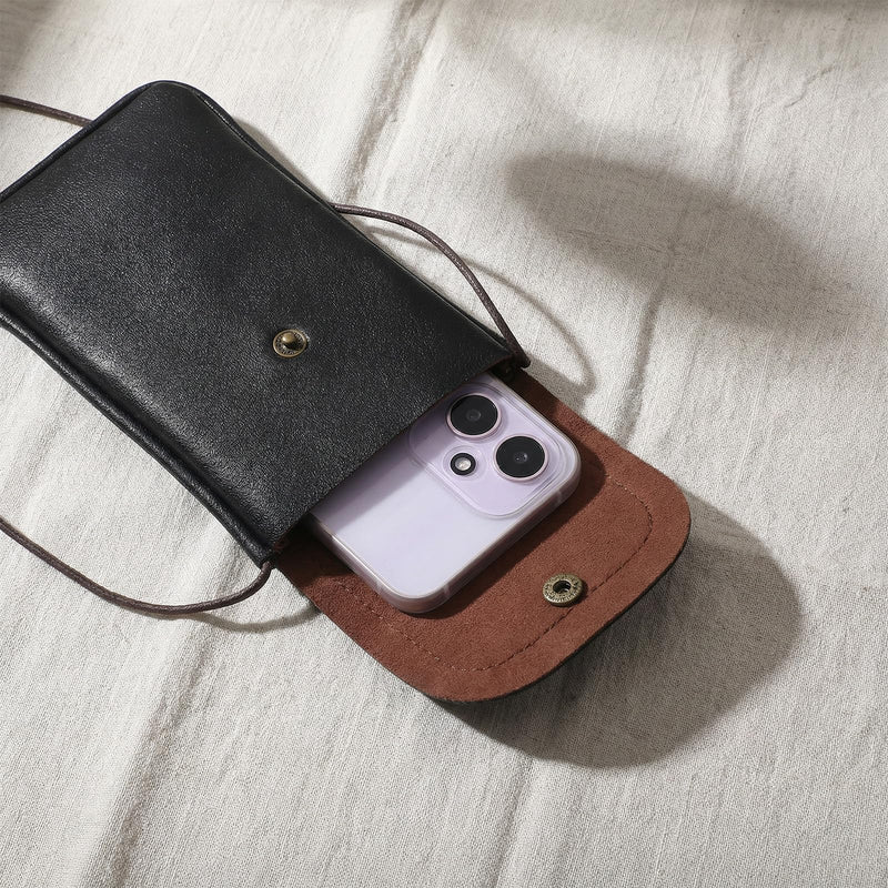 Amabro Cell Mobile Phone Pouch with Credit Card Holder for Around the Neck | PU Leather, Adjustable Strap Lanyard Carrier for Small Travel Purse Wallet Outdoor All Smartphones, 6.69" x 3.93"(Black)