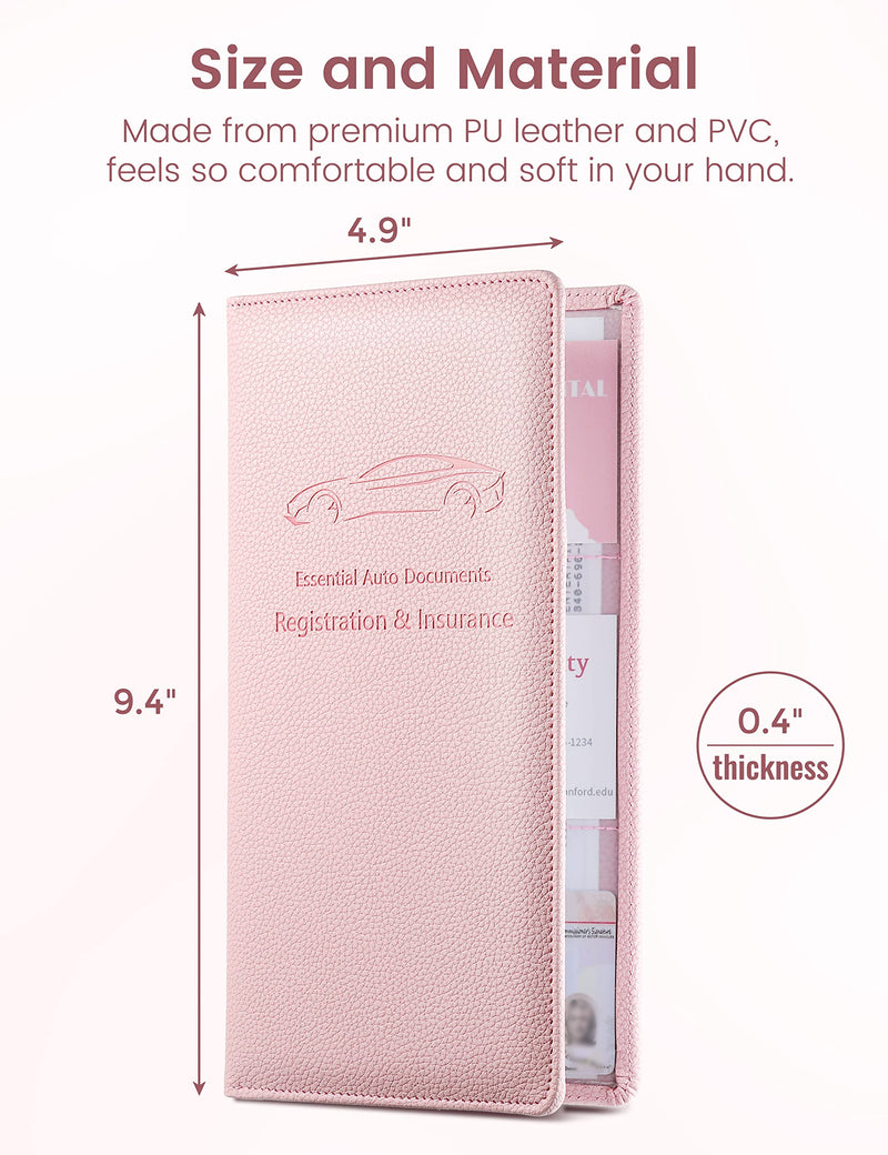 Yarnic Car Registration and Insurance Holder, Pu Leather Car Registration and Insurance Card Holder Car Document Holder for Cards, Essential Document, Driver License (Pink) Pink