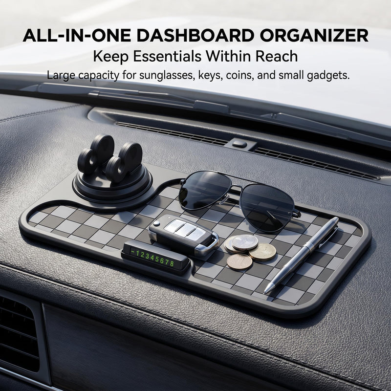Car Dashboard Mat, Silicone Anti-slip Checkered Pad with 360-degree Rotating Phone Mount, Heat-resistant Waterproof Organizer Pad, Universal Interior Accessories for Most Cars (Black) 1 PC Black