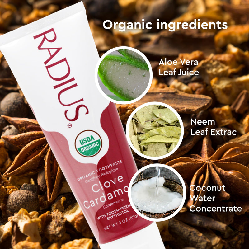 RADIUS Toothpaste, Clove Cardamom, 3 oz, USDA Organic Non-Toxic Chemical-Free Gluten-Free, Designed to Improve Gum Health & Prevent Cavities, Pack of 3 3 Ounce (Pack of 3)