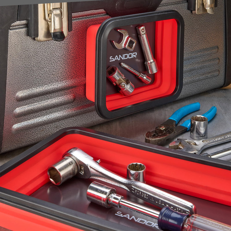 Collapsible Magnetic Parts Tray Set - 3 Different Size Tool Trays for Screw, Bolts, Nuts, Washers, Pins and Other Small Metal Parts, Mechanic Tool Gifts for Men - Red