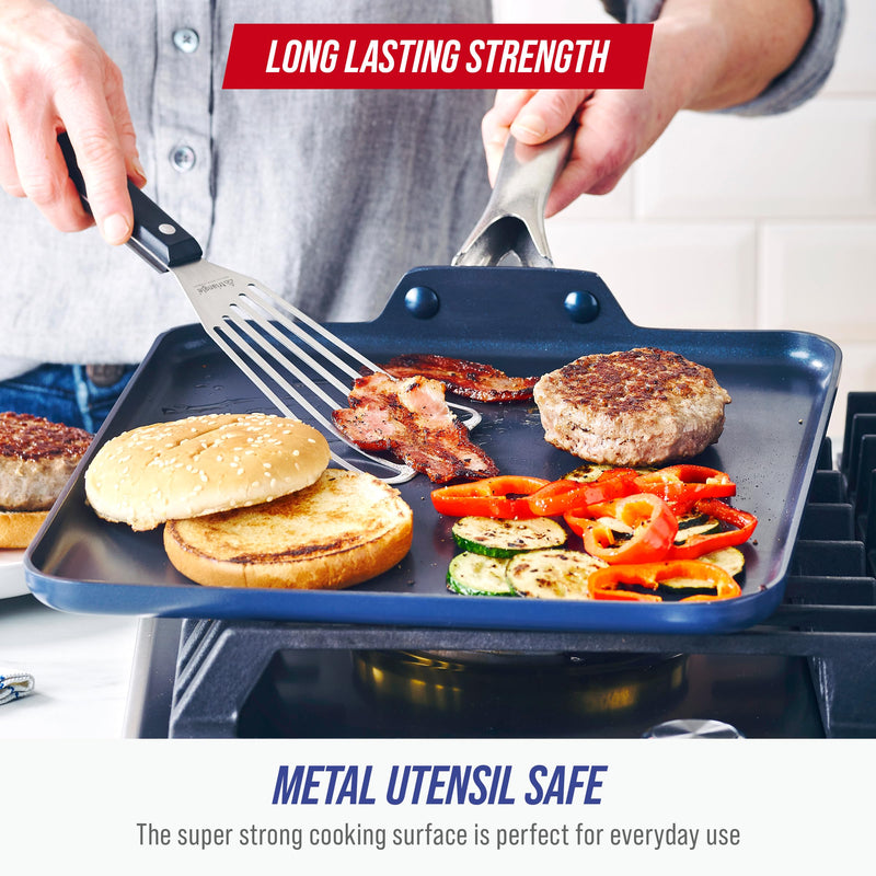 Blue Diamond 11" Nonstick Square Griddle Pan, Non Toxic PFAS-Free Diamond Ceramic, Dishwasher & Oven Safe, Even Heating, Metal Utensil Safe, Warp Control, Blue 11" Griddle Pan