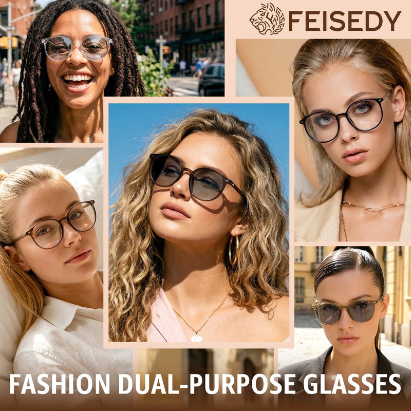 FEISEDY Photochromic Blue Light Blocking Glasses Fashion Women Men B1238 | Clear Indoors & Tinted Outdoors, Dual-purpose Transition Glasses Round Clear Vision Computer Eyeglasses UV400 Sunglasses Transparent Brown/Photochromic Grey 51 Millimeters