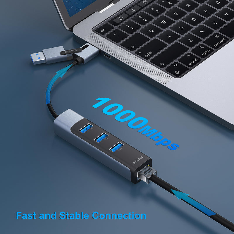 BENFEI 2-in-1 USB-C USB 3.0 to Gigabit Ethernet Adapter, 3-Port USB 3.0 Hub with RJ45 Compatible with MacBook Pro/Air 2023, iPad Pro, iMac, S23, XPS 17, Surface Book 3 and More