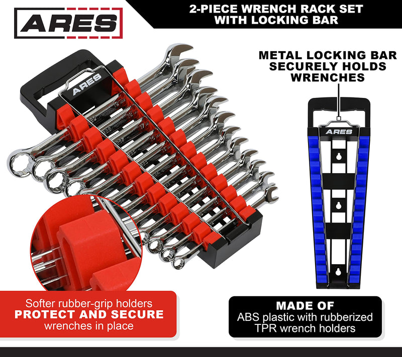 ARES 62043 – 2-Piece Wrench Rack Set with Locking Bar - SAE Rack Holds 1/4-Inch to 1-Inch Sizes - Metric Holds 6 to 25mm Sizes – Locking Metal Clip Secures Wrenches 2-Piece Magnetic Wrench Rack with Locking Bar Red & Blue