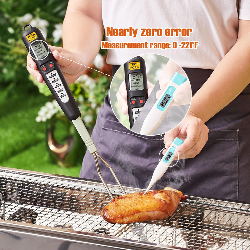 80-09 Digital Meat Instant Read Thermometer with LED Screen and Ready Alarm, Kitchen Probe with Long Fork for Grilling, Barbecue and Cookin, l, white1 updated model