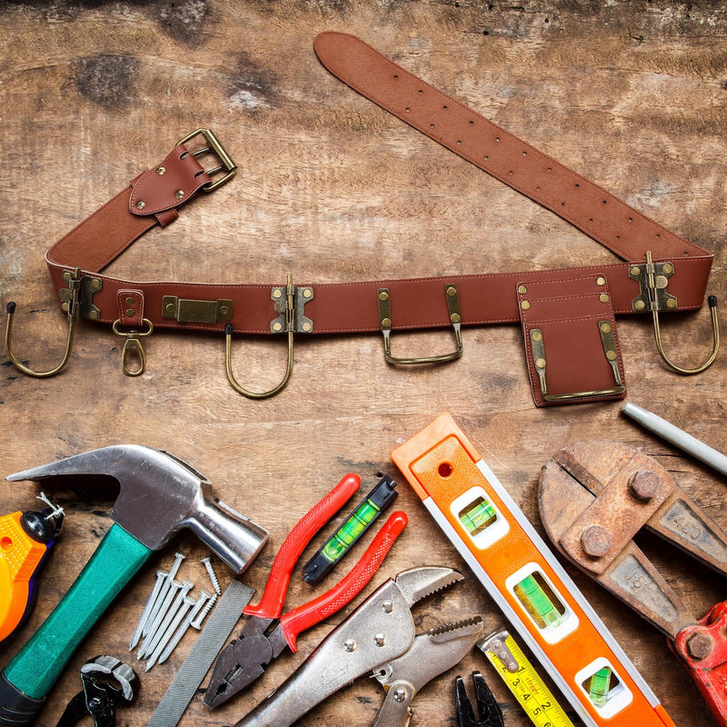 Adjustable Tool Belt with Hooks Heavy Duty Leather Carpenter Tool Belt Organizer with Drill, Axe, Hammer Holder for Level, Tape Measure & Spanners Brown