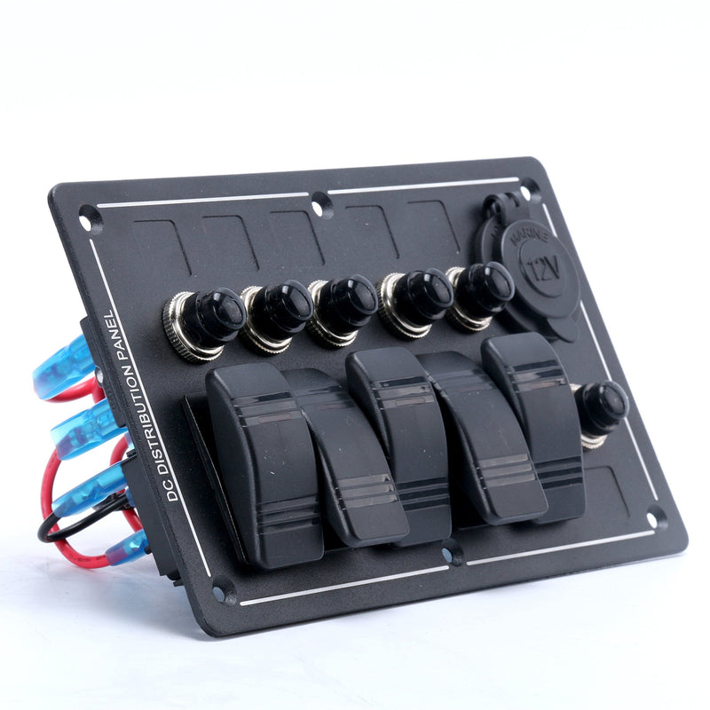 Amarine Made 5 Gang Aluminium LED Rocker & CIG Socket & Circuit Breaker Waterproof Marine/Boat/rv Switch Panel AM62-PN-LB5Z/S