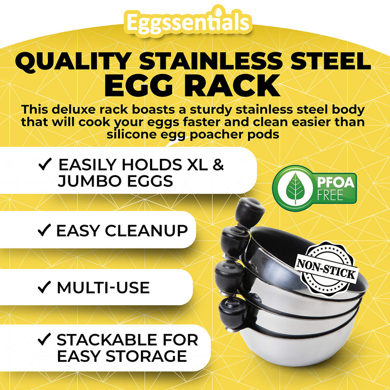 Eggssentials Egg Poacher Insert Stainless Steel Poached Egg Cooker Eggs Poaching Cup PFOA Free Egg Poachers Nonstick, 7.25" Rack Compatible with Current Cookware, Skillets & Instant Pots 4 Cup Egg Poacher