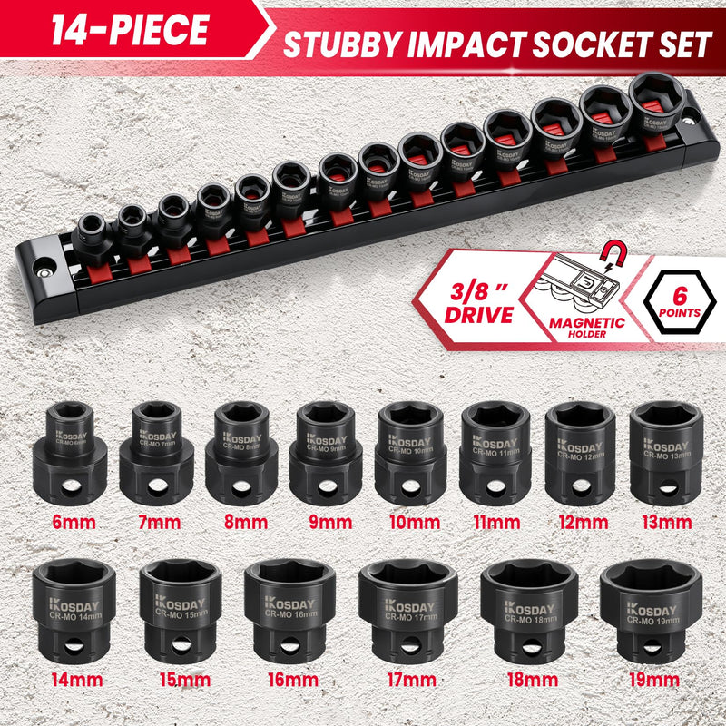 3/8" Drive Low Profile Socket Set, 14-Piece Metric Stubby Impact Socket Set, 6-19mm Nano Sockets Organized in Magnetic Storage Rail 3/8" Metric-14 Pieces
