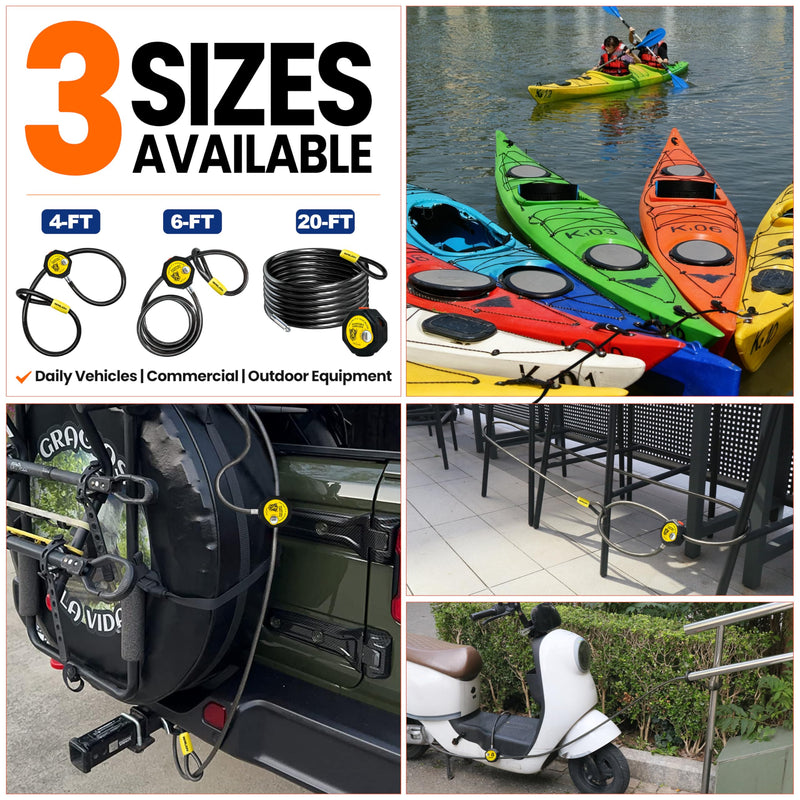 WARLION Heavy Duty Adjustable Cable Lock, 6ft x 3/8" Braided Steel Security Cable, Outdoor Anti-Theft Lock for Bicycles, Scooters, Patio Furniture, Spare Tires, Generator, Cooler, Grill, Ladder 6ft x 3/8" diameter