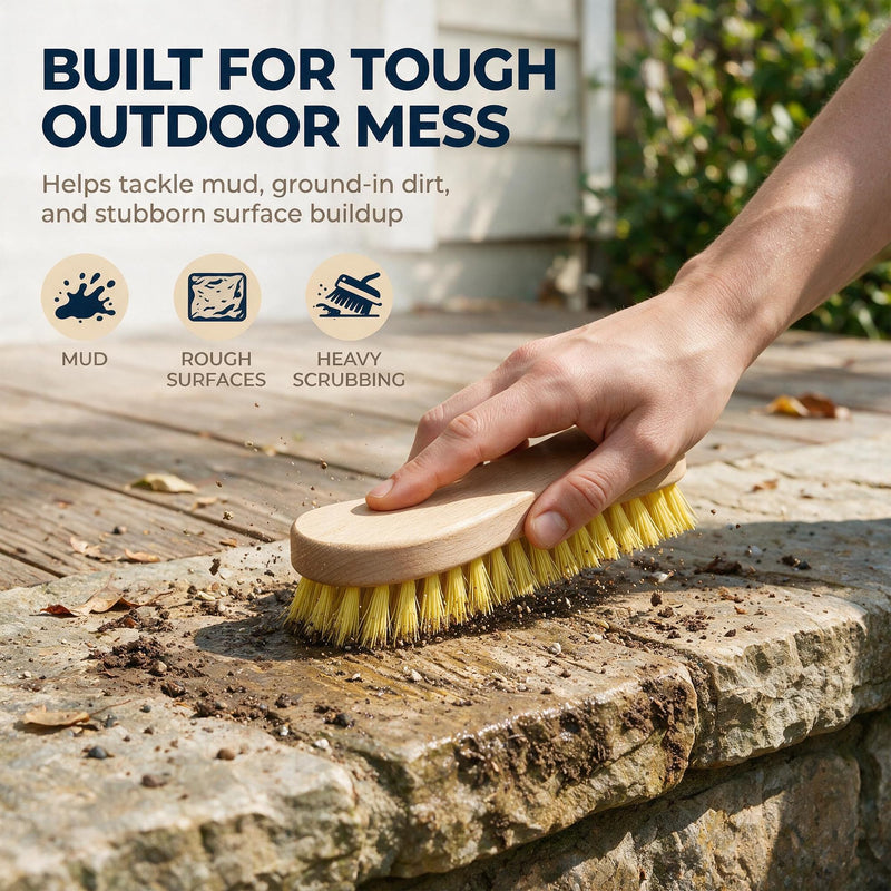 Stiff Bristle Nylon Scrub Brush – Heavy Duty Wooden Scrub Brush for Concrete, Tile, Grout, Patio Furniture, Outdoor Cushions, Entry Mats and Mud Cleaning