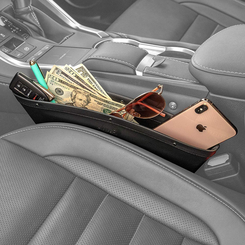 Lusso Gear Car Seat Gap Organizer - 2-Pack, Gray Faux Leather - Fits 0.5"-2" Slots & Secures Phone, Keys & Glasses - Between-Seat Storage