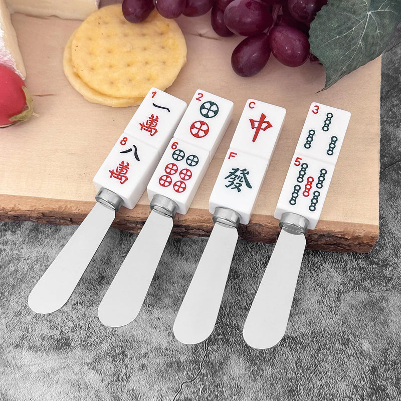Supreme Housewares Mahjong Tile Cheese Spreaders, Hand-Painted Resin Handles with Stainless Steel Blades for Spreading Cream Cheese, Butter, and Jam, Assorted Designs, Set of 4