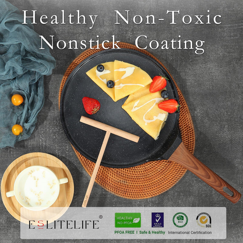 ESLITE LIFE 9.5 Inch Crepe Pan with Spreader, Nonstick Granite Coating Dosa Pan, Roti Tawa Comal Para Tortillas Pancake Griddle Pan, Induction Compatible, PTFE & PFOA Free, Black 9.5" w/spreader